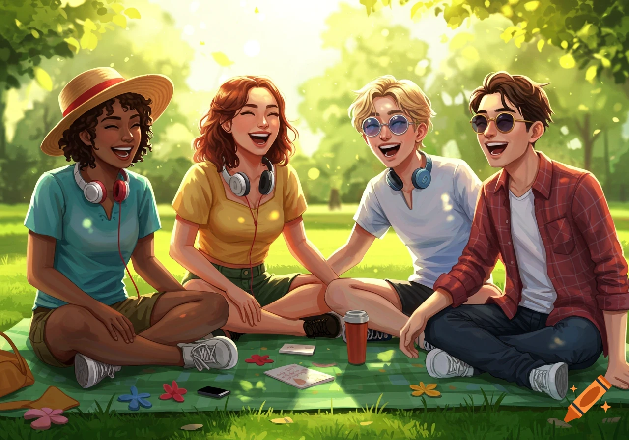 Four diverse friends in an illustration style sit on a green blanket, laughing at a sunny park picnic.
