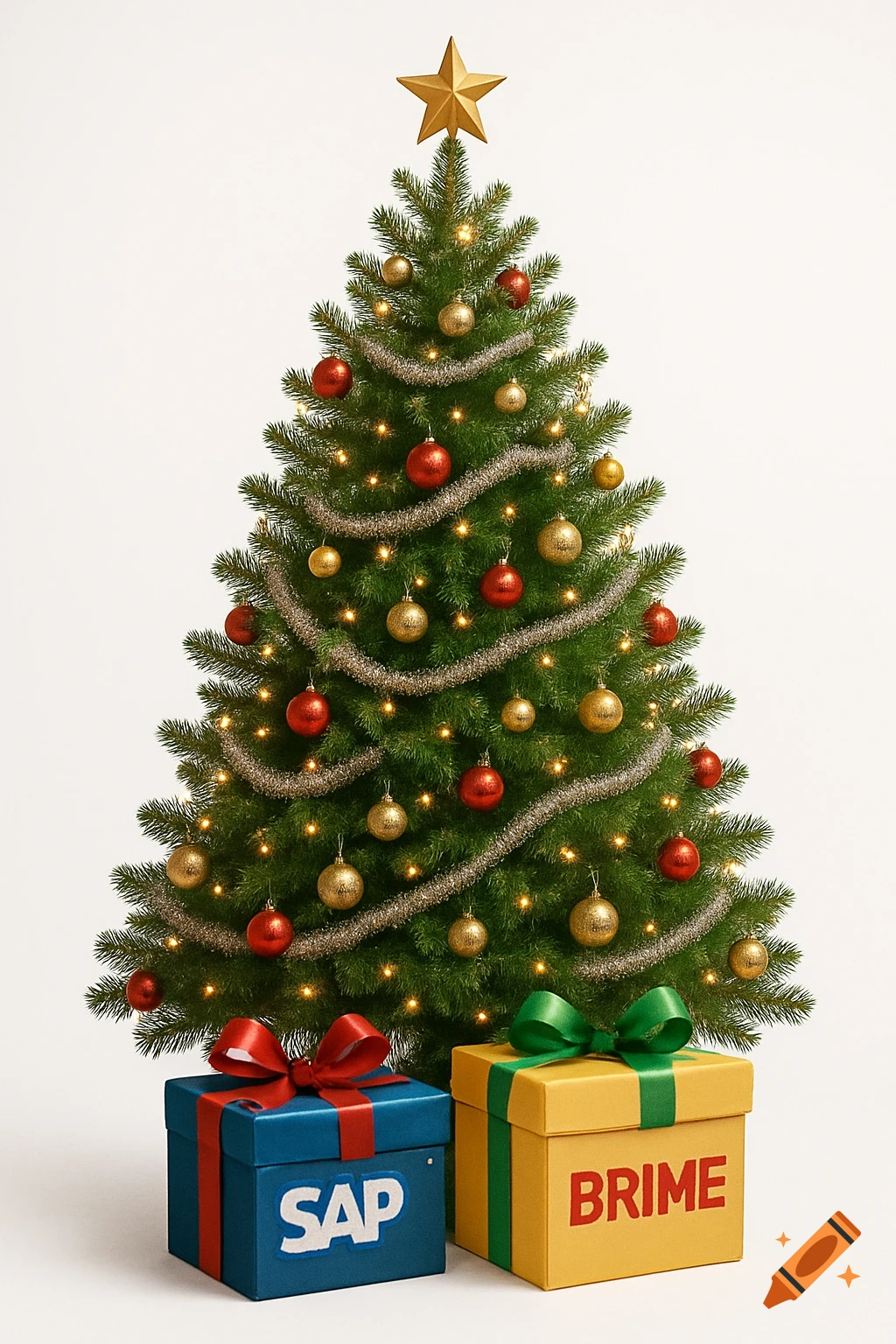 A decorated Christmas tree with a golden star, red and gold ornaments, and lights. Underneath are blue and yellow gift boxes labeled "SAP" and "BRIME" on a white background.