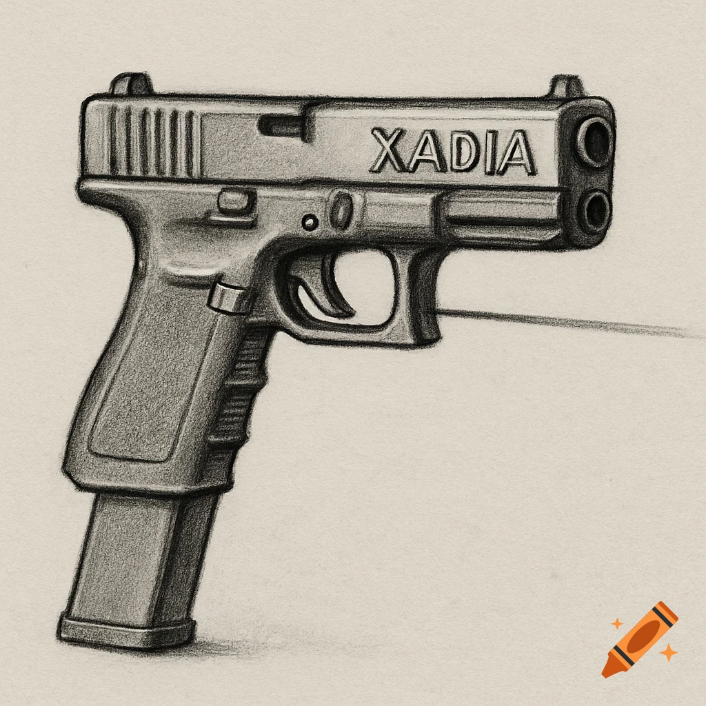 A pencil sketch of a Glock 18 pistol with an extended magazine, a laser beam, and "XADIA" engraved on the slide, on a light background.