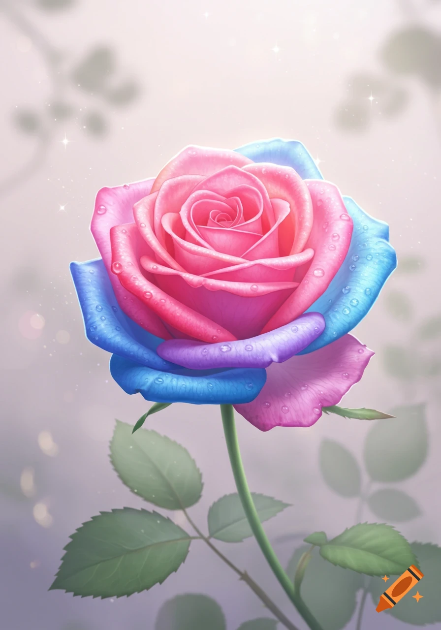 A vibrant pink, blue, and purple rose with water droplets on its petals, set against a soft, blurred background with sparkling bokeh.