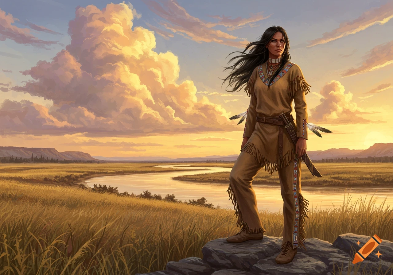 A determined Native American woman in traditional clothing stands on a rock overlooking a river and golden plains at sunset, in a painterly style.