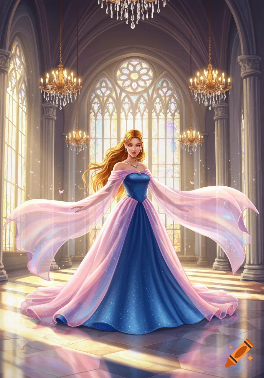 An illustrated fantasy princess in a flowing blue and pink dress stands in a grand, sunlit hall with large arched windows and chandeliers.