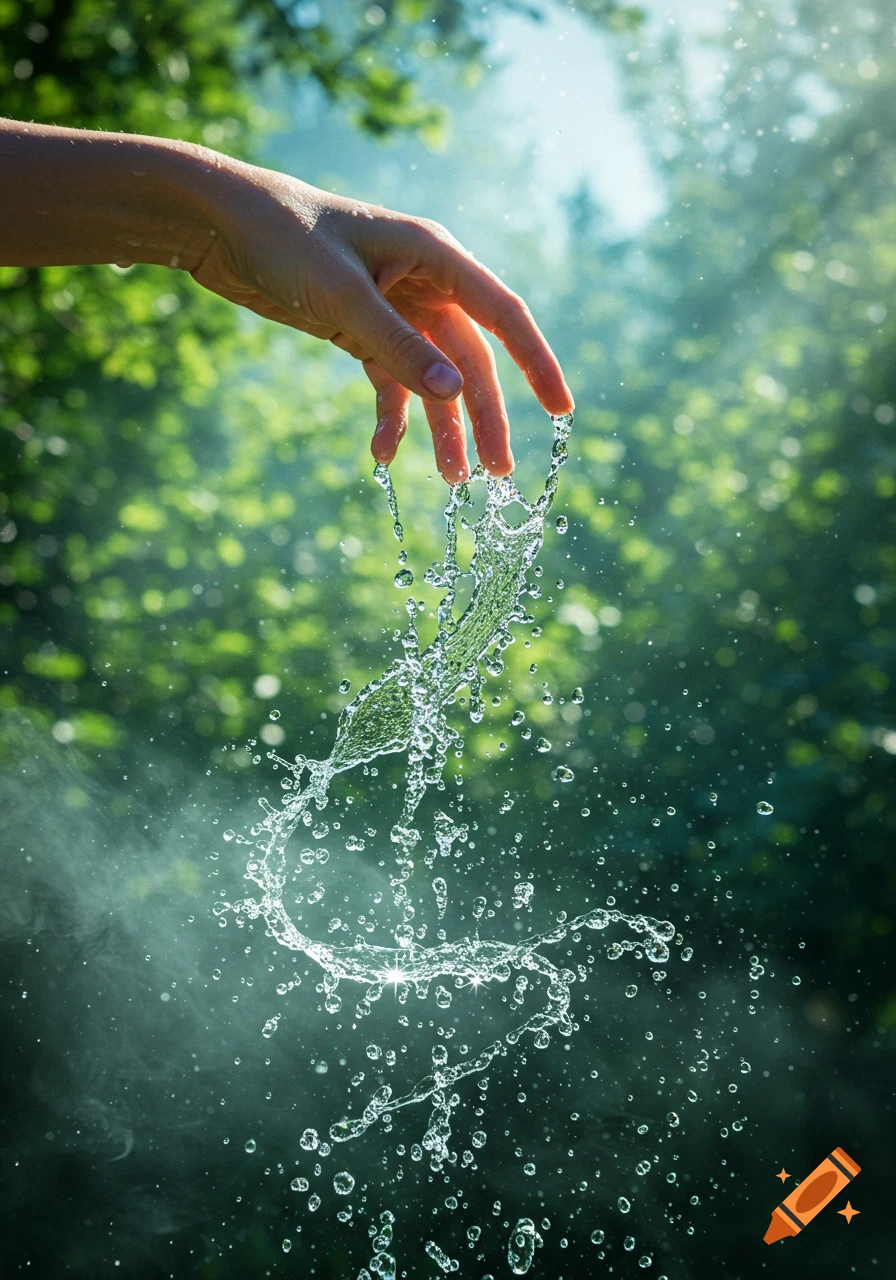 A close-up shot of a hand with water splashing from its fingertips against a blurred green forest background, natural light.