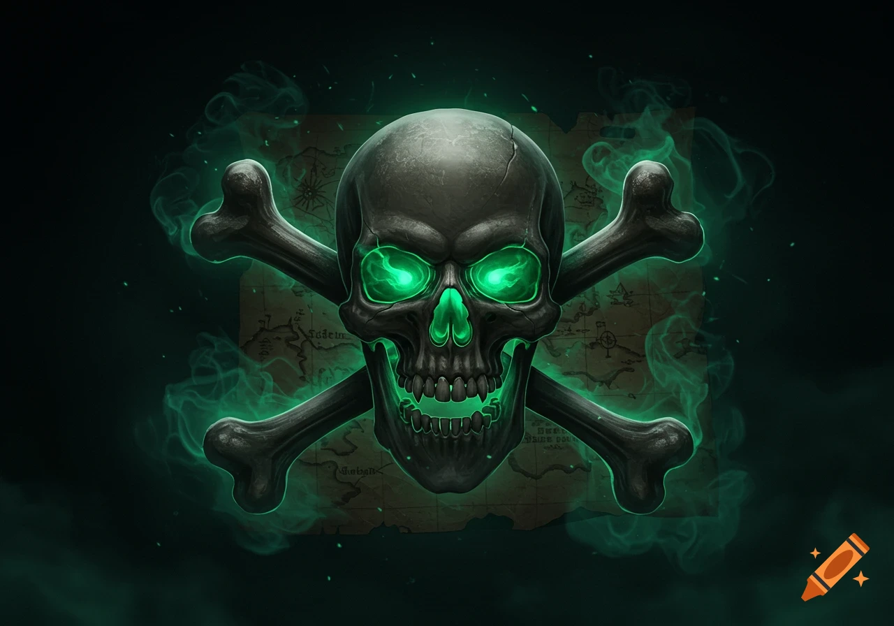 A dark, stylized skull with glowing green eyes and crossbones, set against a faint map with green smoke.