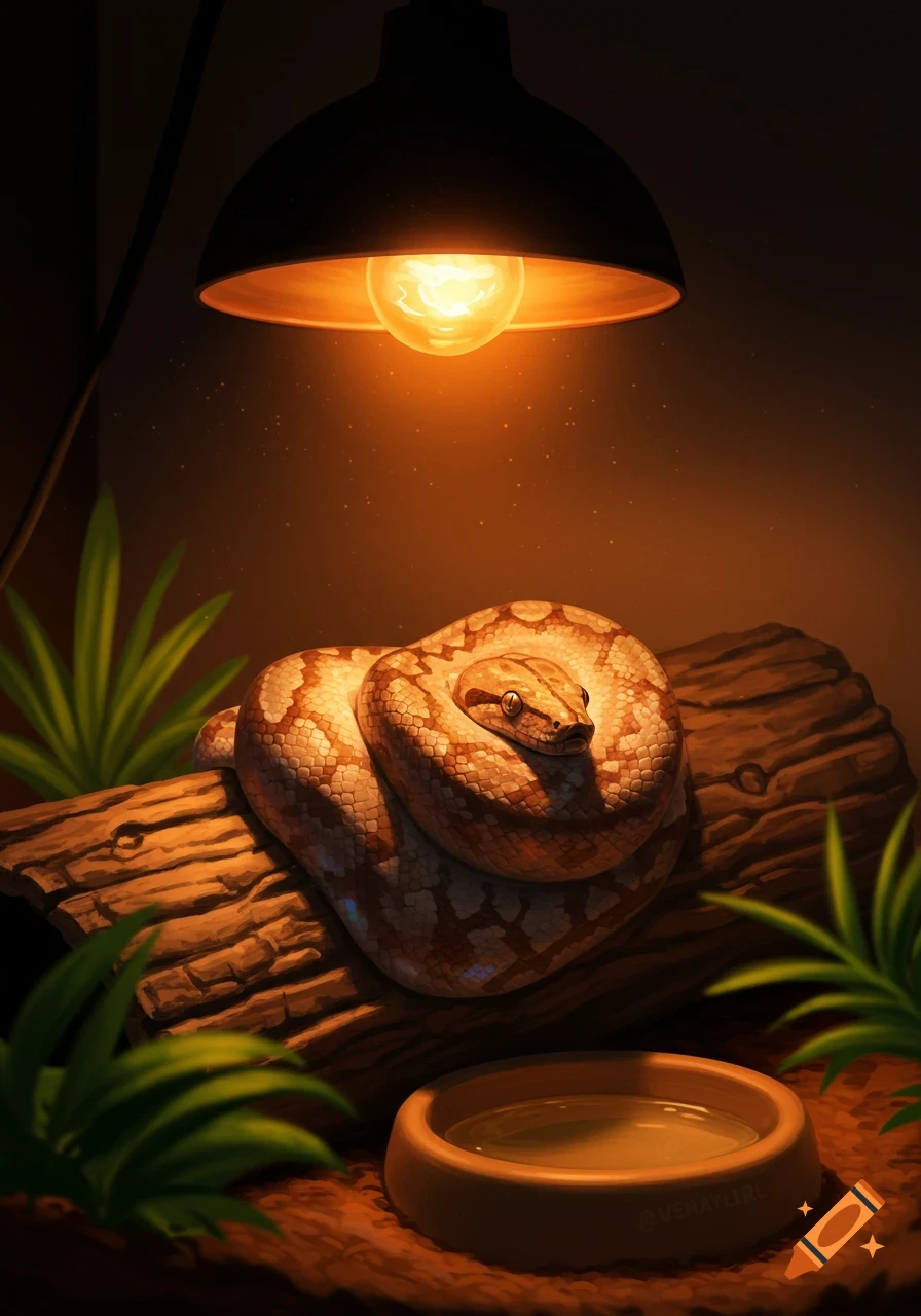 An adorable boa constrictor coiled on a log under a heat lamp in a terrarium with a water bowl and green foliage. Illustrative.