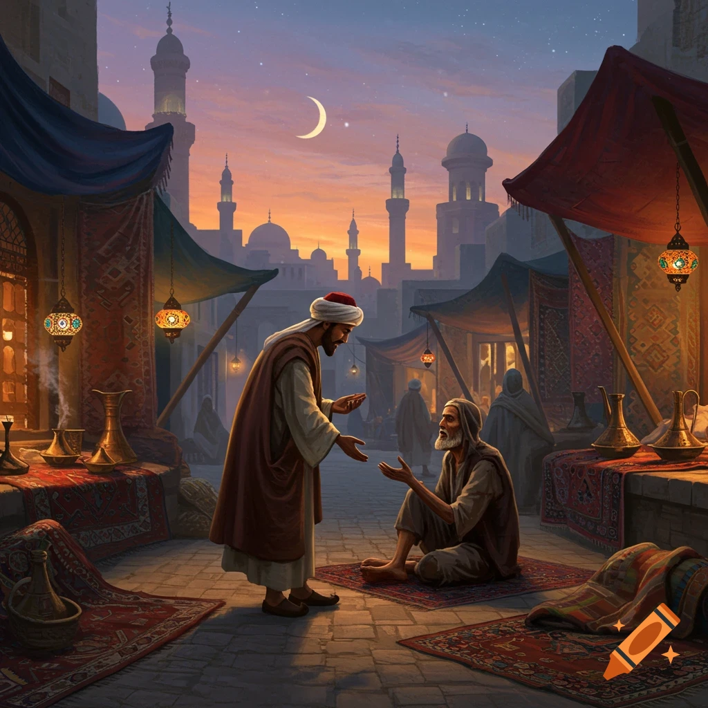 A painting of two men in a Middle Eastern marketplace at sunset, one giving alms to a seated beggar. Minarets and a crescent moon are in the background.