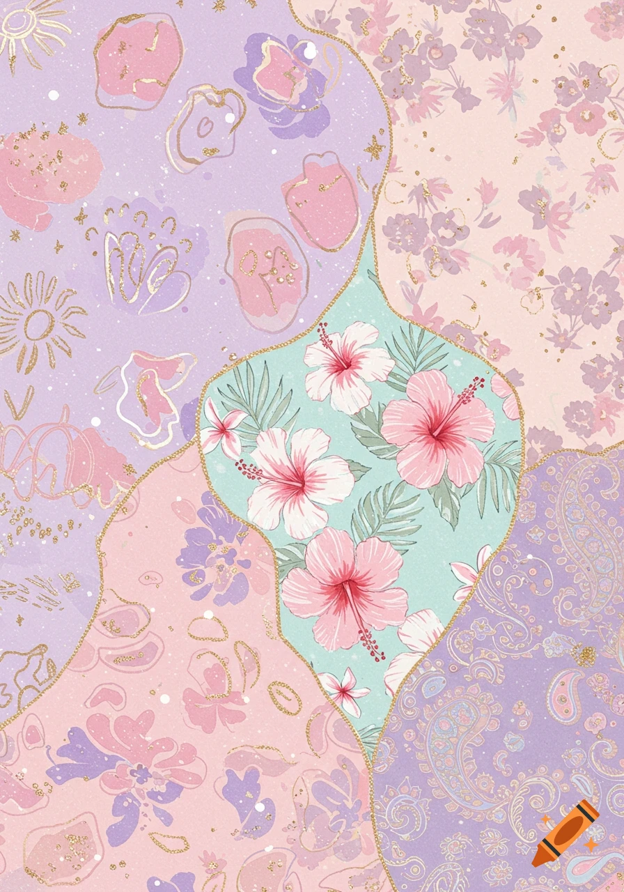 A patchwork of floral and abstract patterns in pastel pink, purple, and mint green with golden outlines and glitter speckles.
