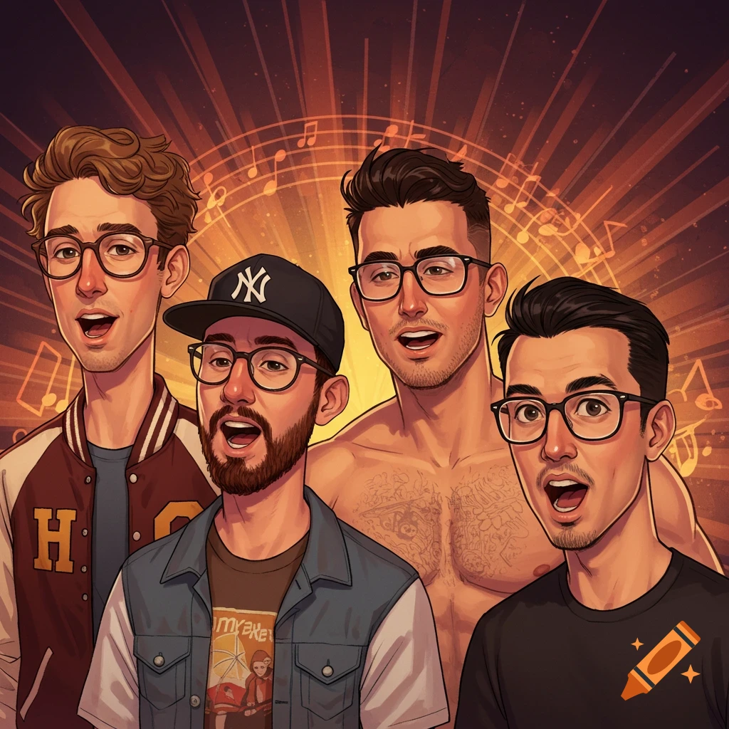 An illustrated album cover of four men in a stylized cartoon art style, singing with open mouths. They wear glasses and casual clothes. Musical notes float in the warm, glowing background.