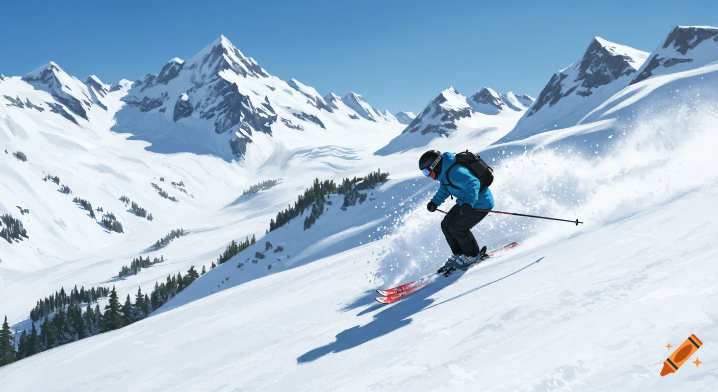 A skier in a blue jacket descends a snowy mountain slope under a clear blue sky, with other peaks and pine trees in the background.