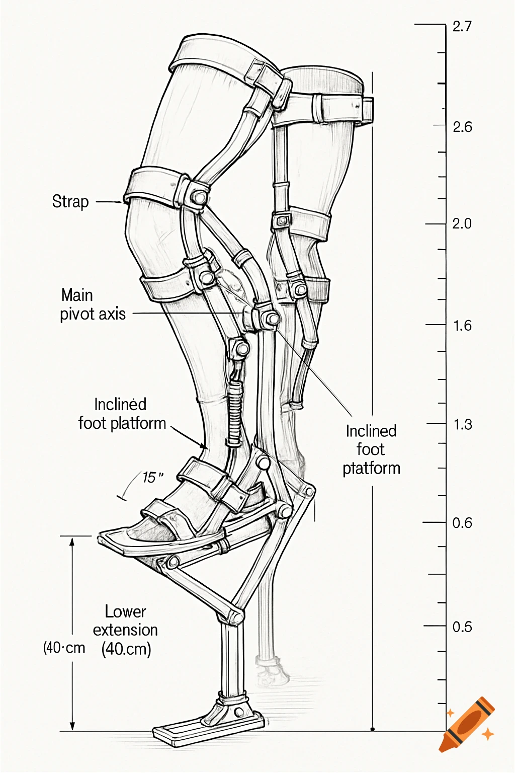 A detailed technical line drawing of mechanical stilts, with straps around the thighs, knees, and feet, featuring pivot axes, platforms, and a height scale. Labels annotate various parts.