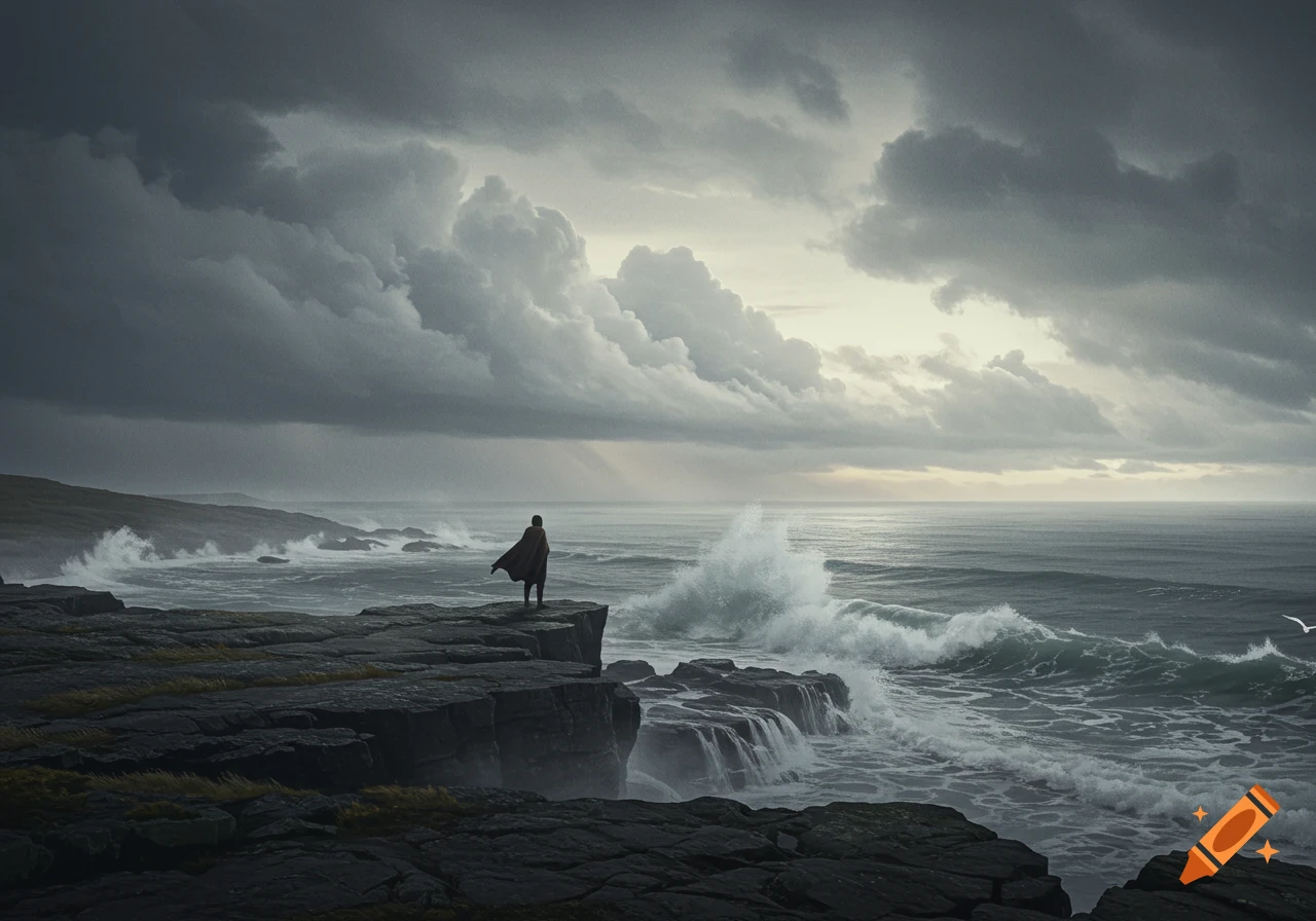 A lone figure in a dark cape stands on a rocky cliff overlooking a stormy ocean with crashing waves under a dramatic, overcast sky.