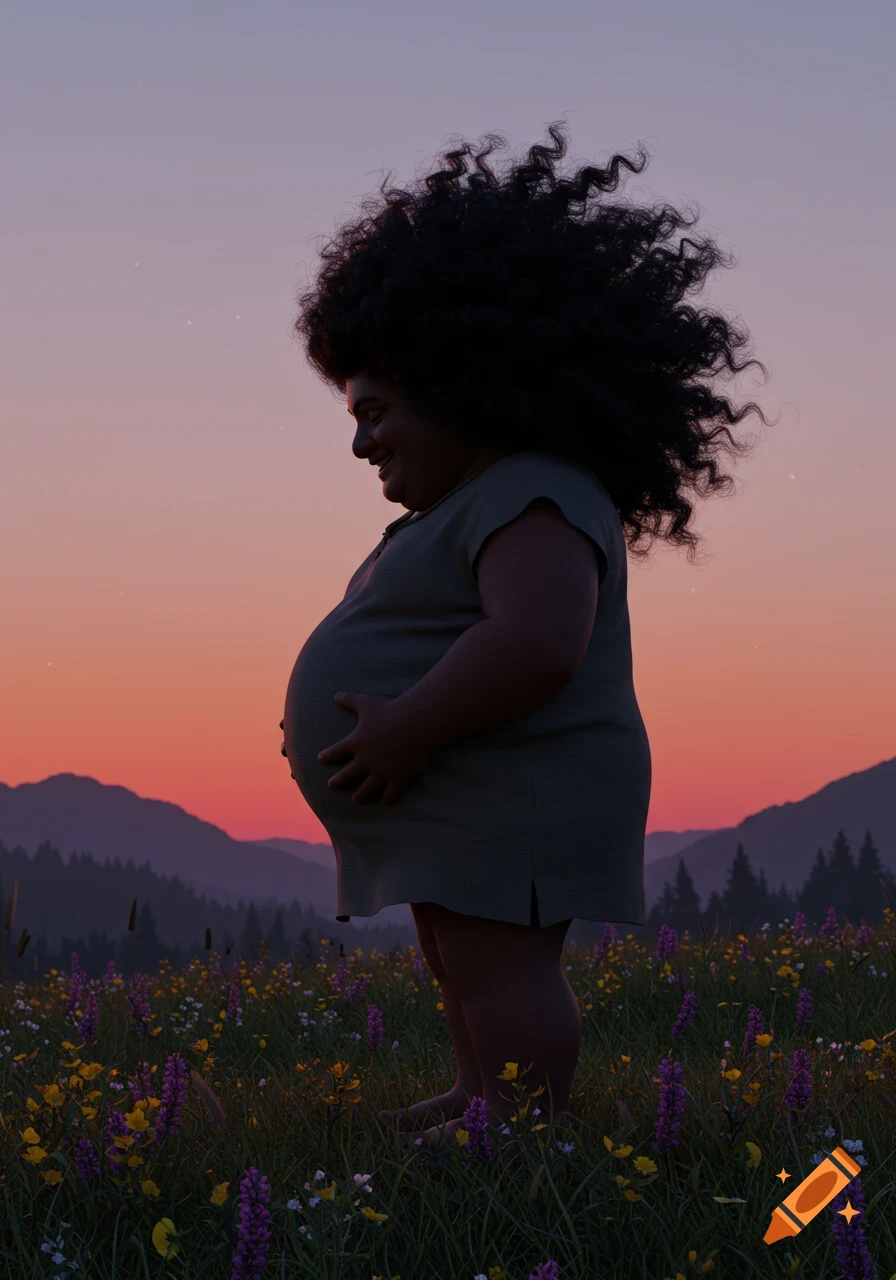 A smiling, heavily pregnant person with voluminous curly hair stands in a field of wildflowers at sunset, gently holding their belly.