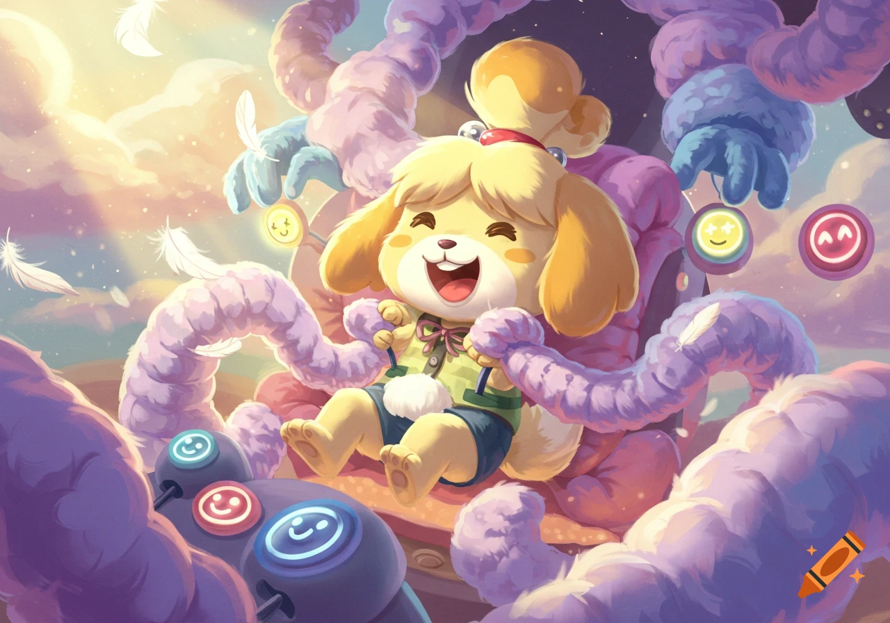 Isabelle from Animal Crossing happily tickled by fluffy tentacles in a dreamy sky with floating feathers and smiley-faced buttons.