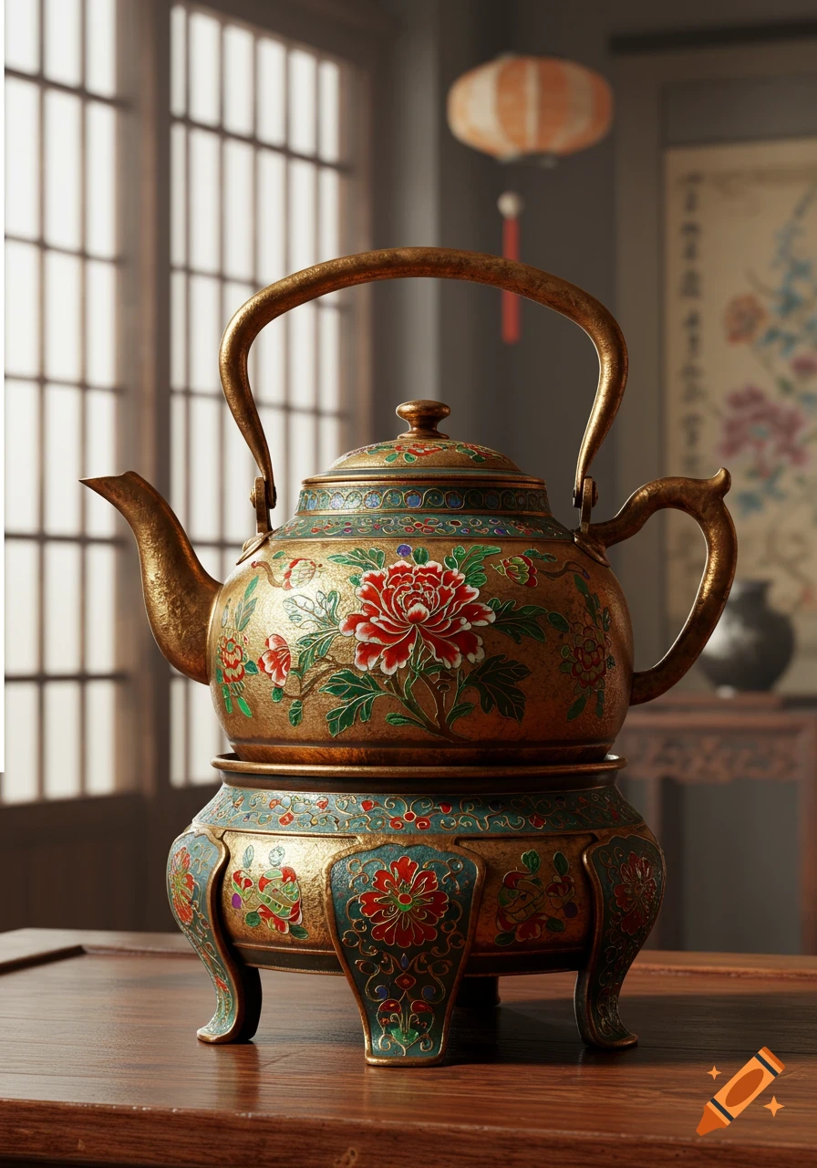 A photorealistic image of an ornate gold teapot and stand, adorned with traditional red and green Chinese floral patterns, sitting on a wooden table.