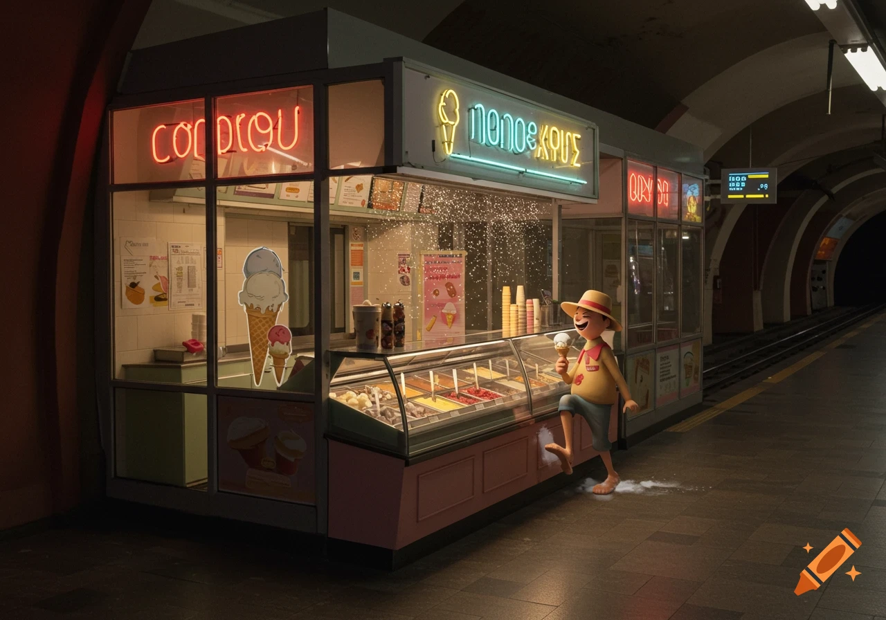 A cartoon boy in a straw hat holding an ice cream stands at a brightly lit ice cream stall in a dark subway station, with sparkling sugar dust.