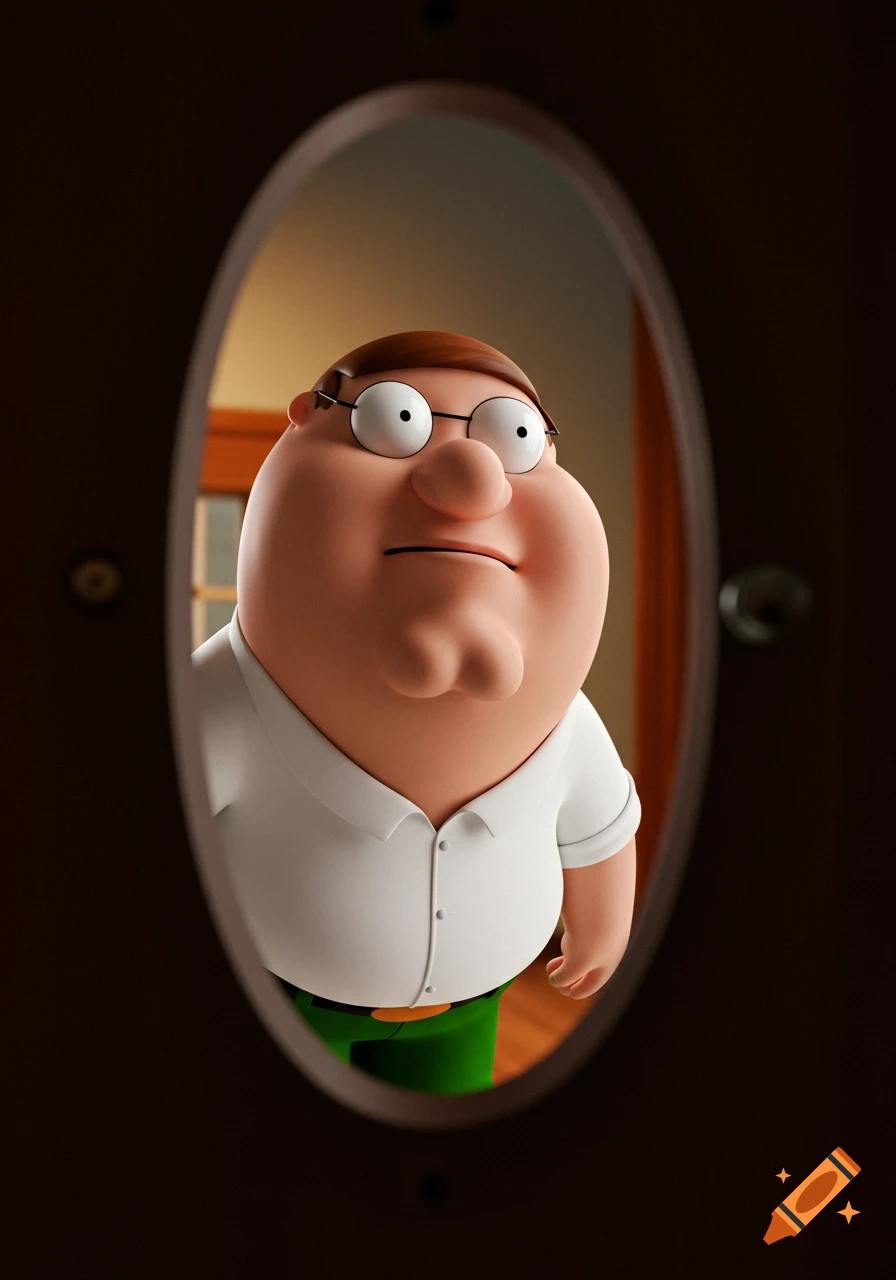 Photorealistic 3D render of Peter Griffin from Family Guy peeking through a peephole with a fisheye lens effect.