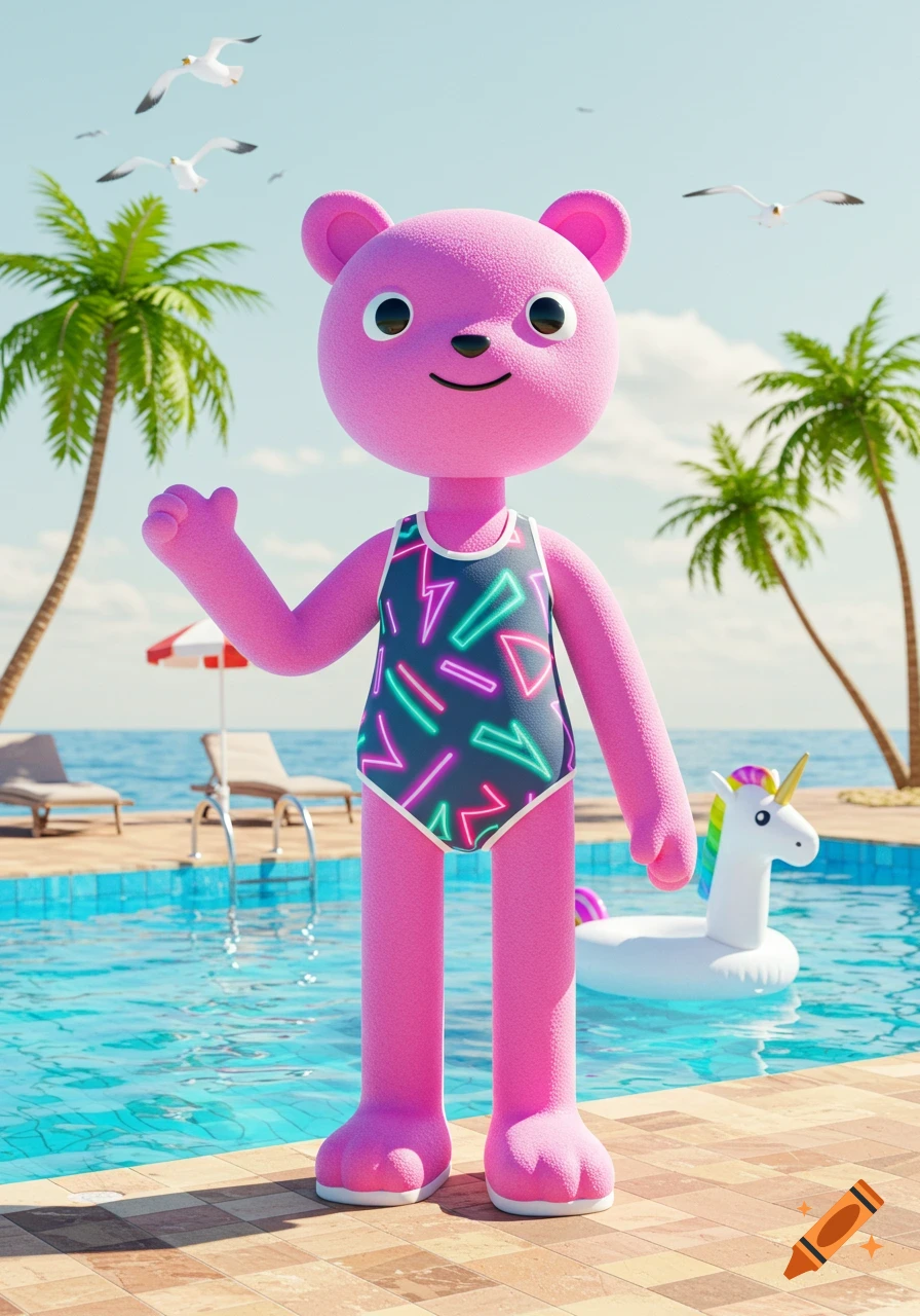 Pink cartoon bear in a patterned swimsuit waves by a swimming pool with palm trees and an inflatable unicorn.