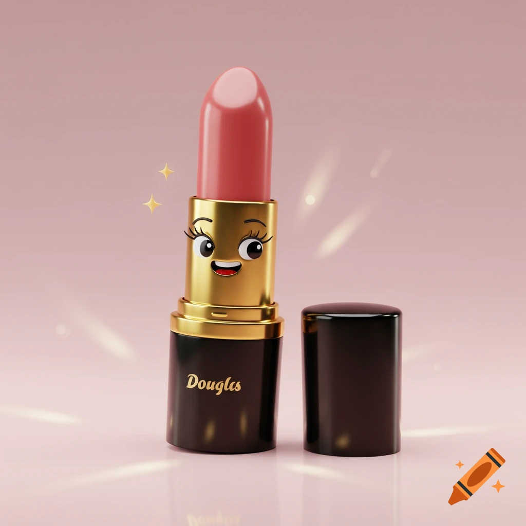 A cute 3D cartoon lipstick mascot with a smiling face, eyelashes, and golden details, standing next to its cap on a pink background.