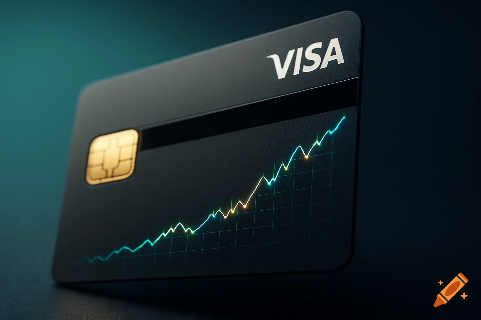 Close-up of a matte black Visa credit card with a gold EMV chip and a glowing neon cyan and gold line chart.