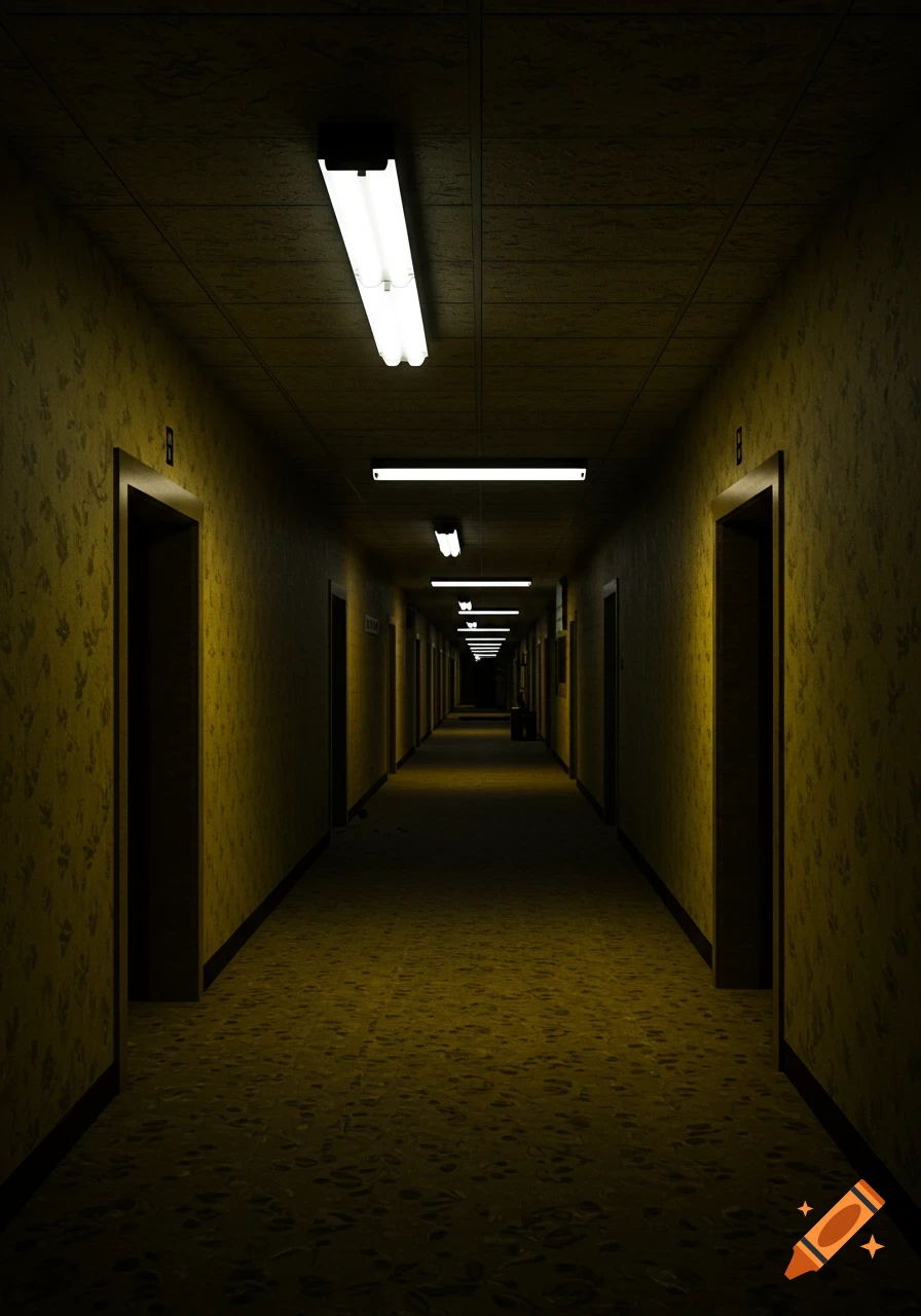 A long, dark, and eerie hallway with yellow, textured wallpaper and carpet. Fluorescent lights glow from the ceiling, creating long shadows, with multiple dark doorways lining both sides of the endless corridor.