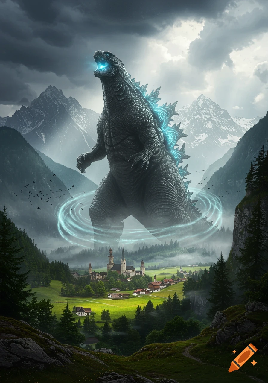 Giant Godzilla with glowing blue spines roars in a foggy mountain valley above a small European village under a stormy sky, photorealistic style.