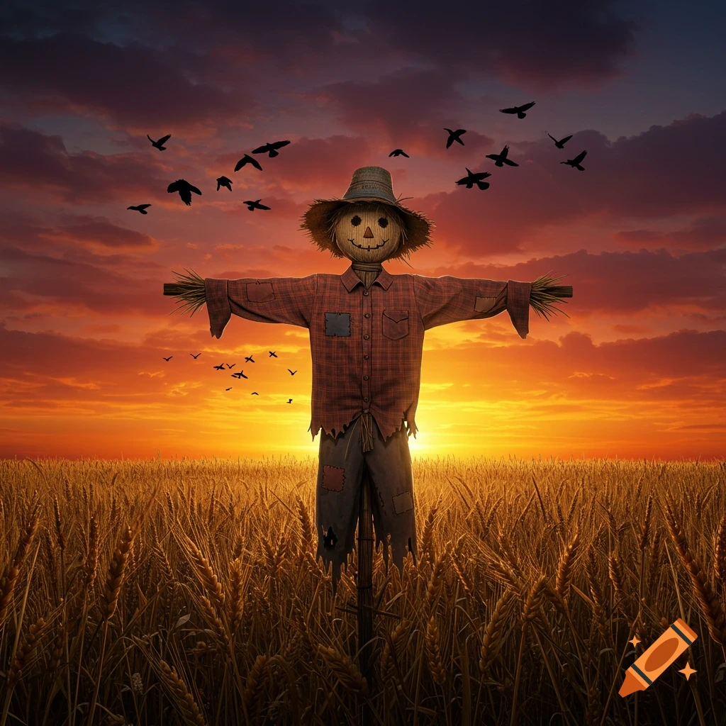 A scarecrow stands in a golden wheat field with birds flying, silhouetted against a dramatic orange and purple sunset sky.