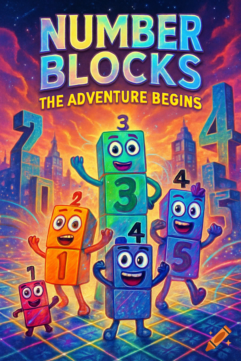 Colorful movie poster for 'Number Blocks: The Adventure Begins' featuring happy numerical block characters and a city skyline.