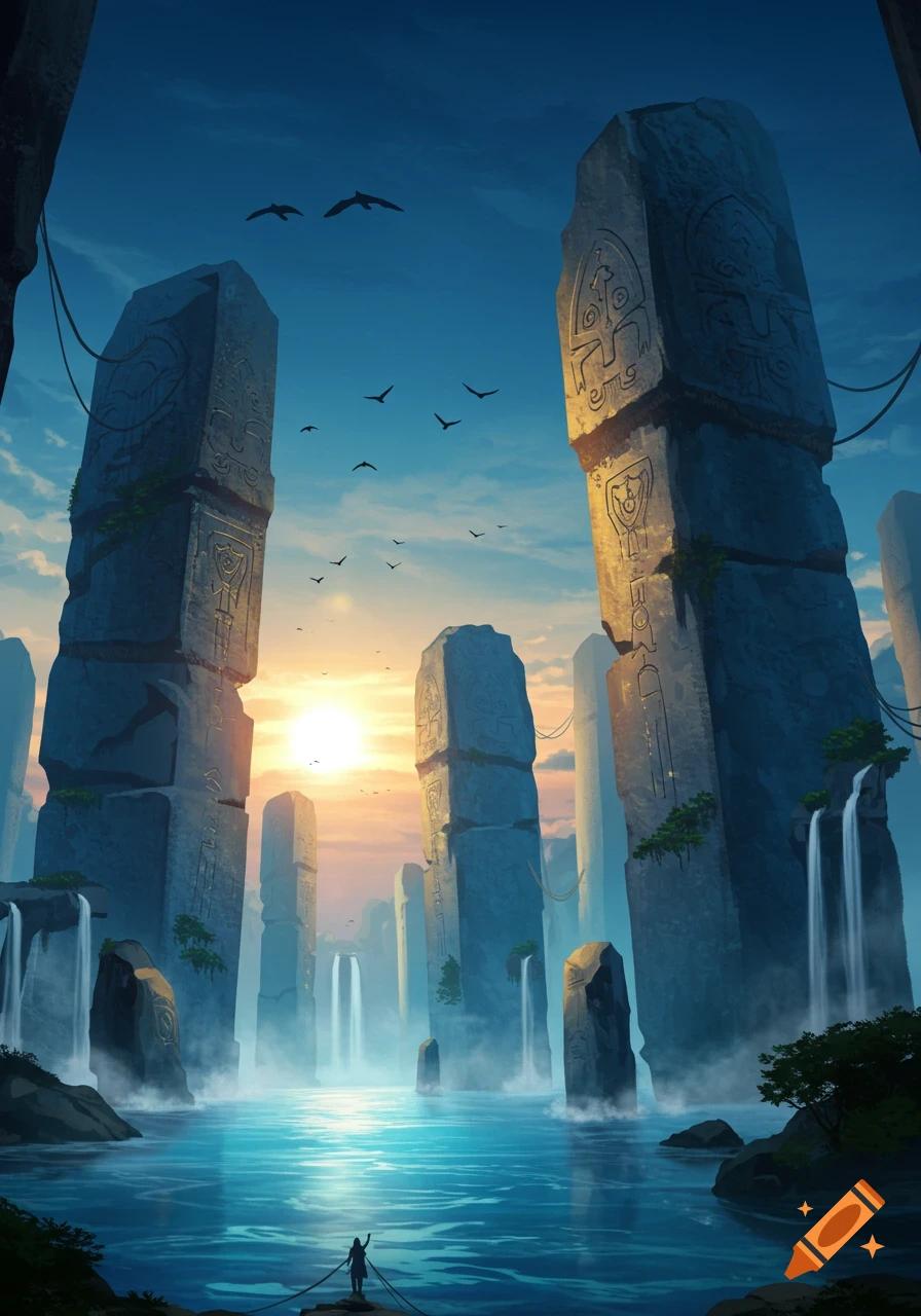 A lone figure stands on a rock in a mystical landscape with giant, carved stone monoliths, waterfalls, and a glowing sunset.
