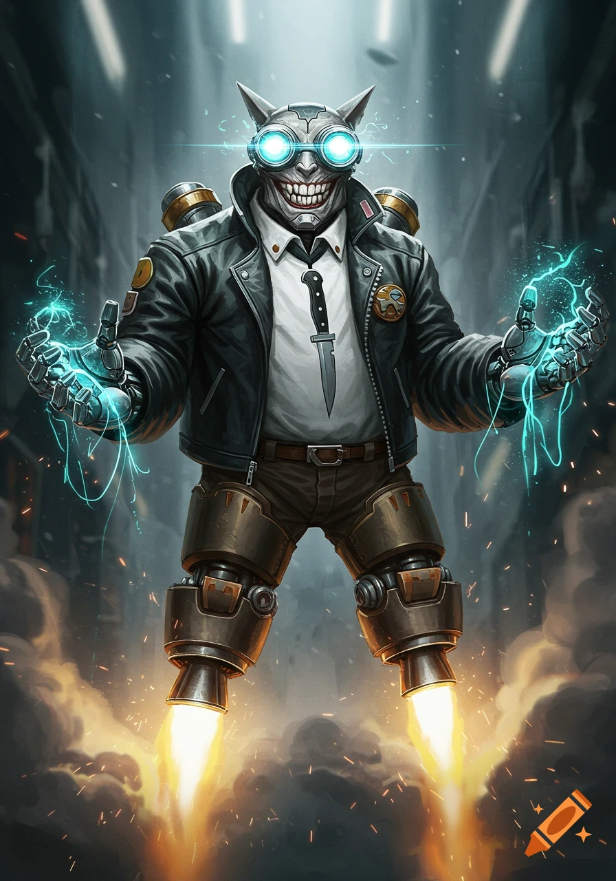 A grinning, grey cyborg with glowing goggles, robotic hands, a knife, and rocket legs lifts off a street, sci-fi comic art.