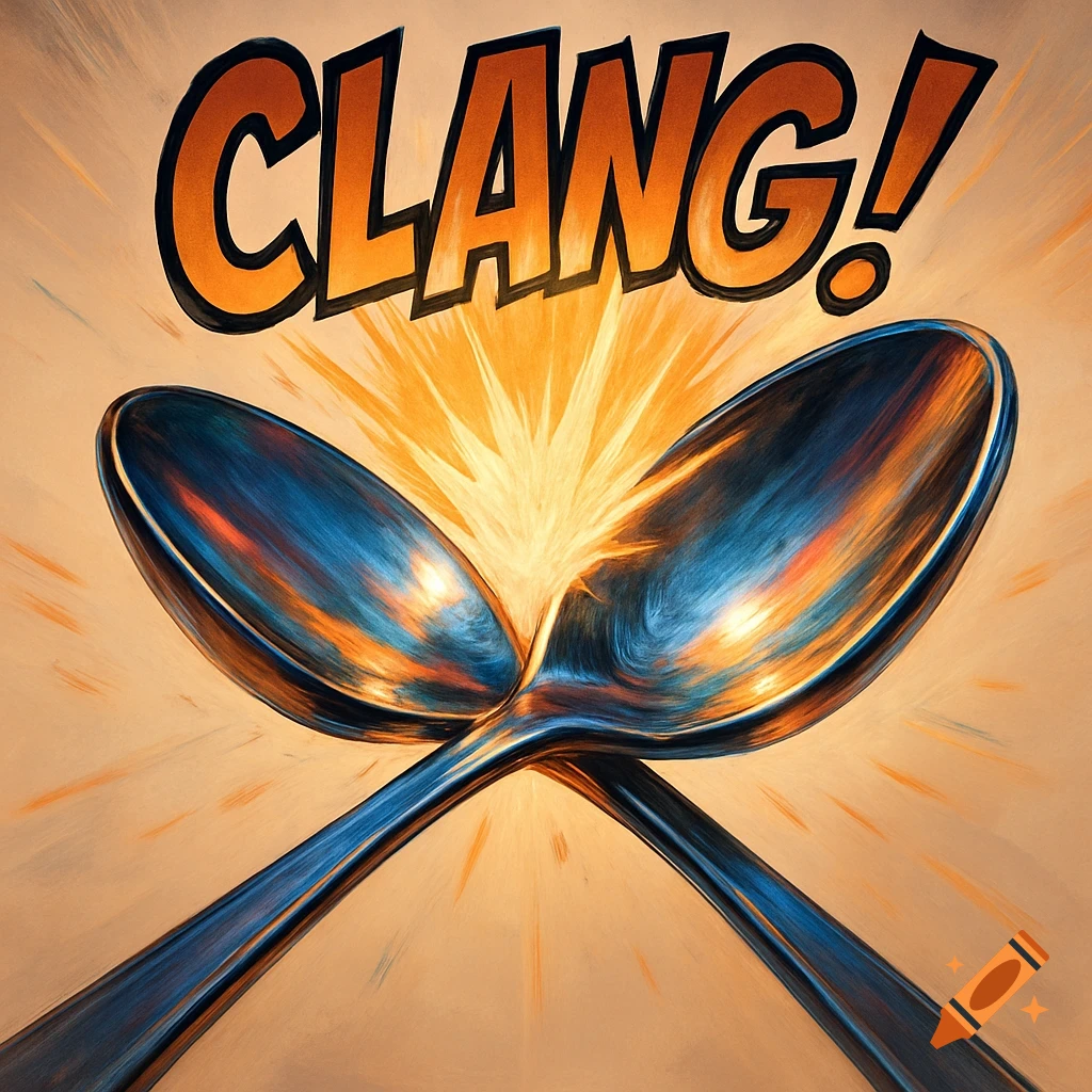 Two shiny metal spoons collide, emitting a bright orange light, with the comic book text "CLANG!" above them.