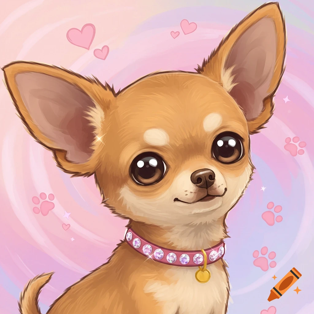 A cute cartoon chihuahua with big eyes and a sparkly pink collar on a pastel background.
