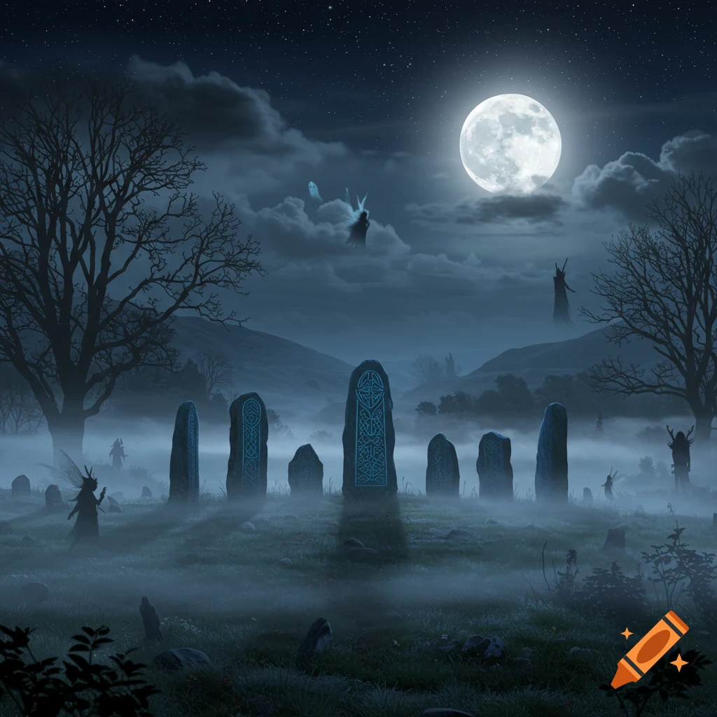 A mystical night scene with glowing Celtic standing stones in a foggy field under a full moon and starry sky, with shadowy figures.