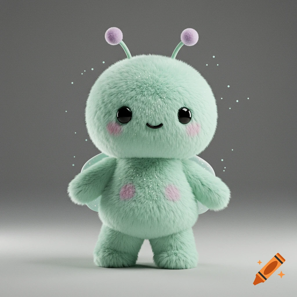 A mint green fluffy, cute creature with large black eyes, pink cheeks, antennae with purple pom-poms, and glittery specks.