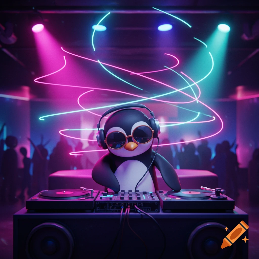 A 3D cartoon penguin DJing at a nightclub, wearing headphones and sunglasses, surrounded by pink and teal neon lights and a blurred crowd.