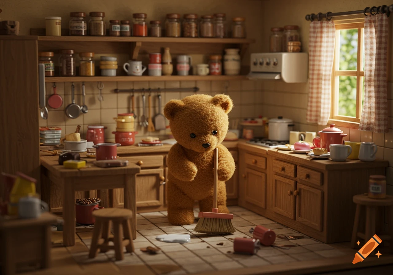 A cute brown teddy bear sweeps a messy miniature kitchen with a tiny broom in a soft-lit cartoon style.