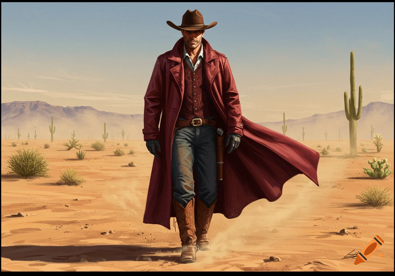 A lone cowboy in a long cranberry coat walks across a dusty desert landscape with cactuses and mountains in the background.