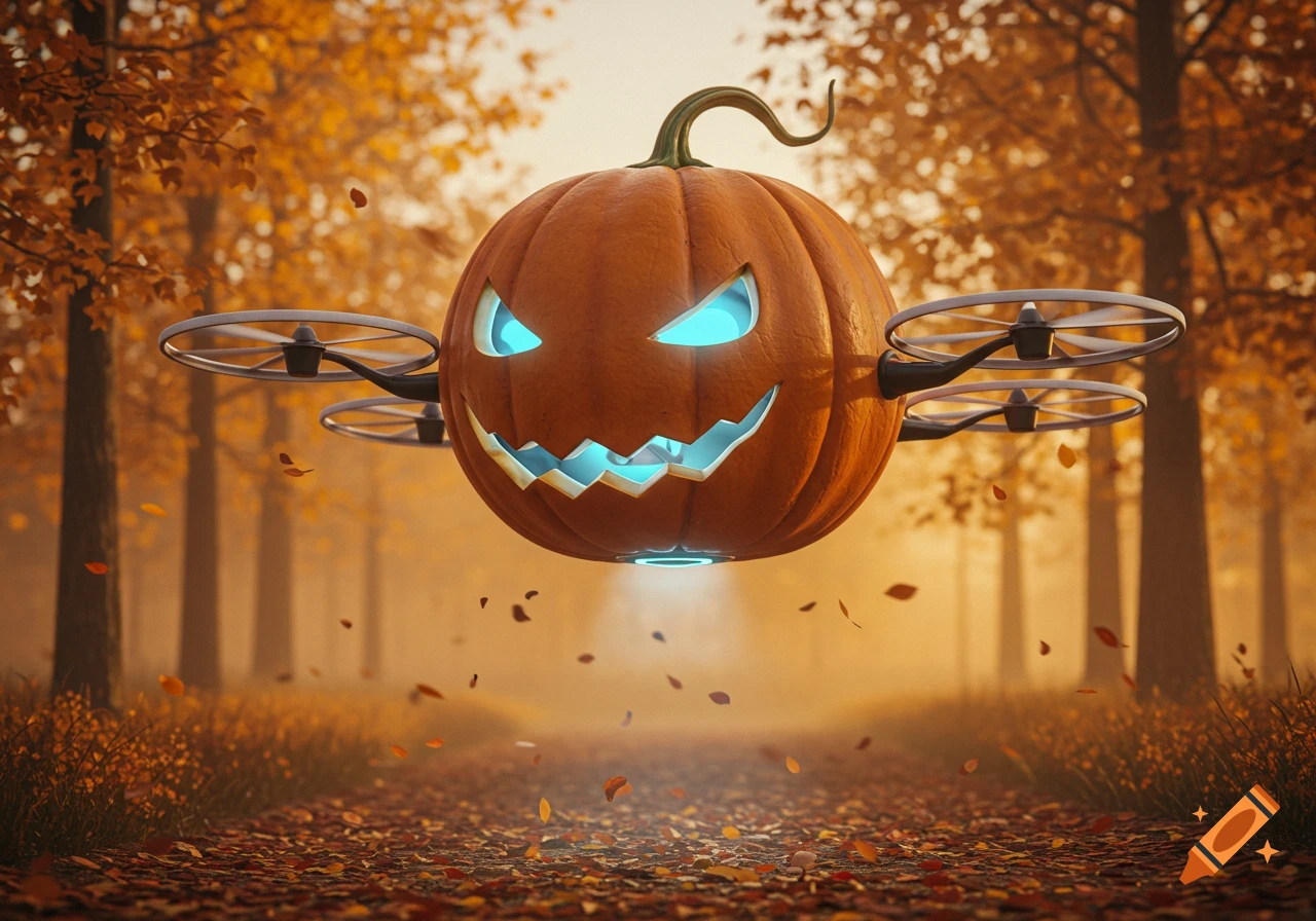 A pumpkin-shaped drone with glowing blue eyes and mouth flies above an autumn forest path covered in fallen leaves, with more leaves falling.