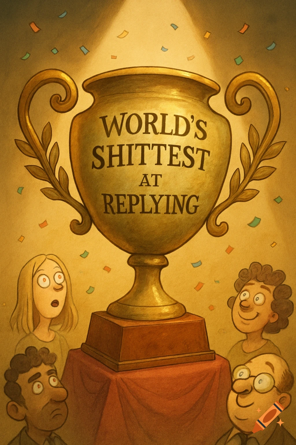 A cartoon illustration of a golden trophy that reads 'World's Shittest at Replying', with four surprised people looking at it, showered in confetti.