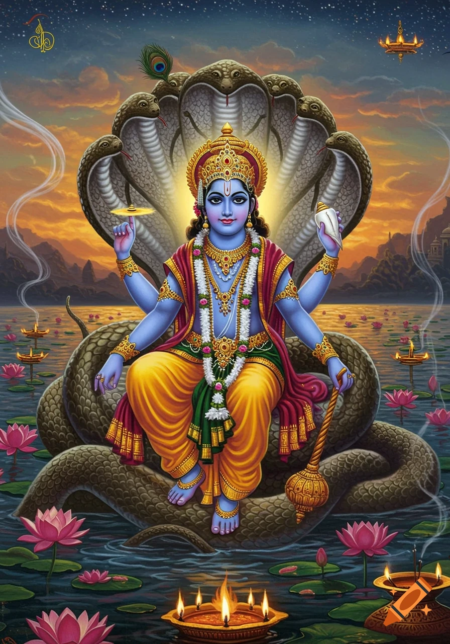 Blue-skinned Hindu deity Vishnu with four arms, seated on a multi-headed serpent on water with lotus flowers under a twilight sky, in a vibrant, illustrative style.