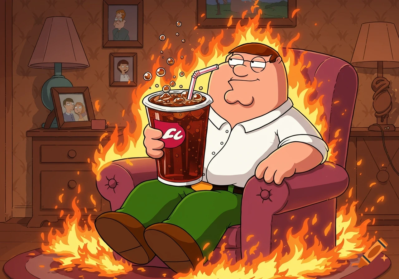 Peter Griffin sits calmly in a burning armchair, sipping a large soda with a straw, in a cartoon style.