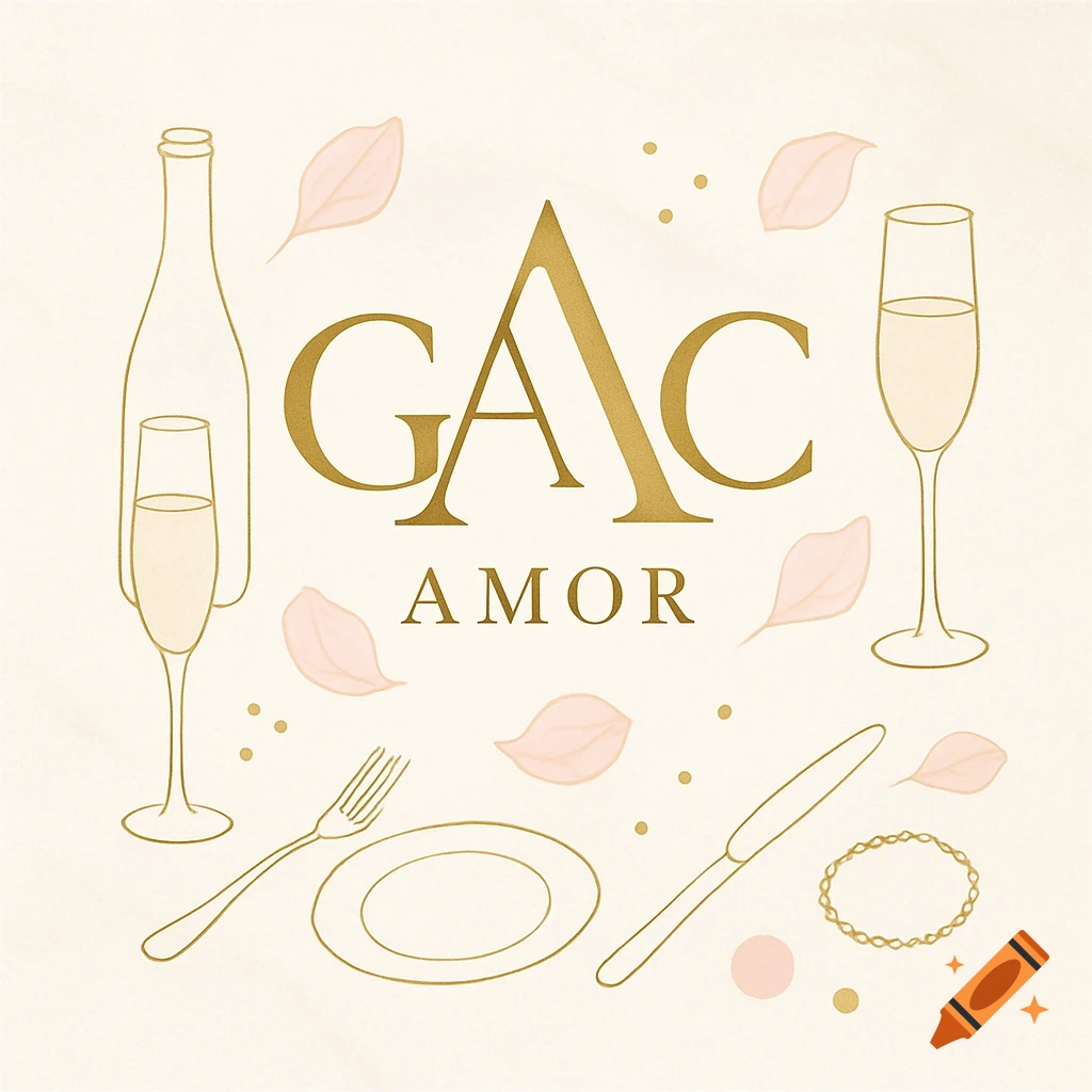 Minimalist gold logo with GAC and AMOR text, champagne, cutlery, and pink petals on a cream background.