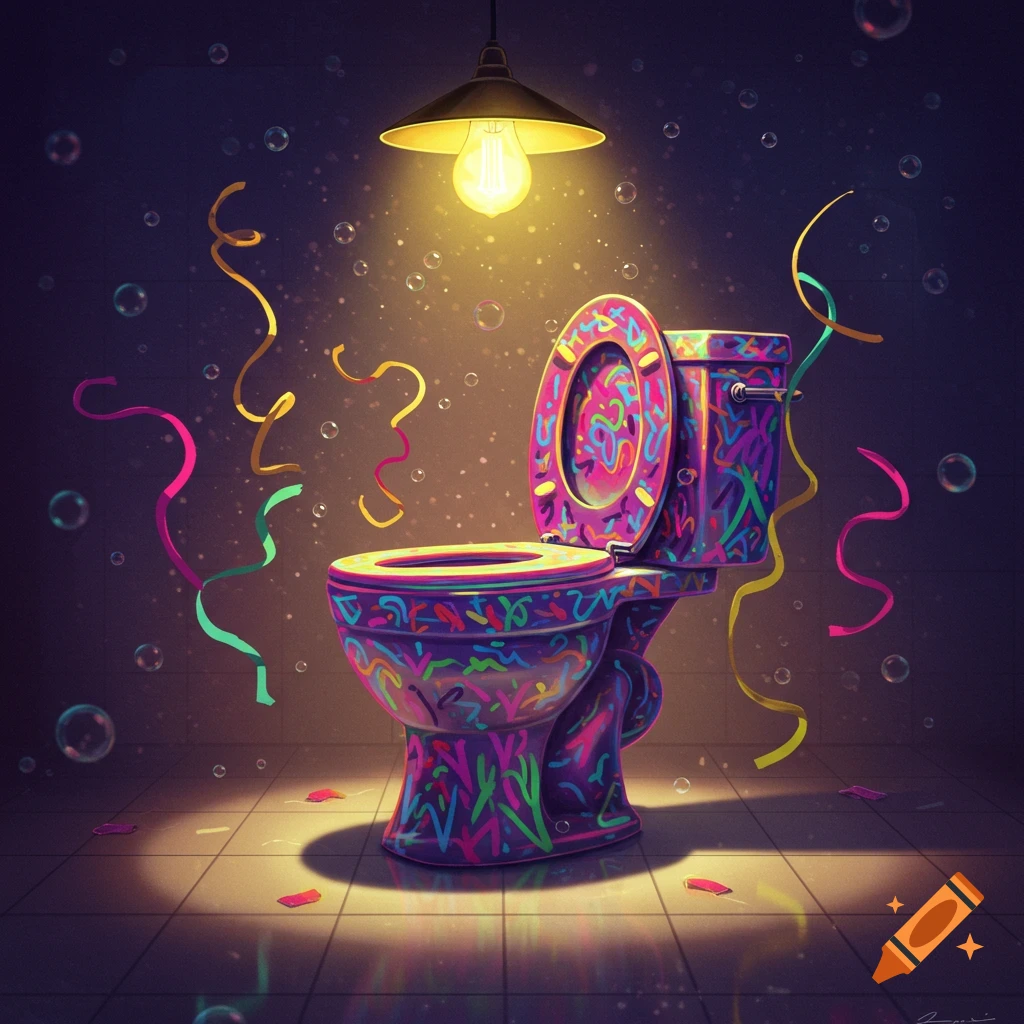 A vibrant, graffiti-decorated toilet under a spotlight, surrounded by colorful streamers and bubbles, in a dark bathroom.