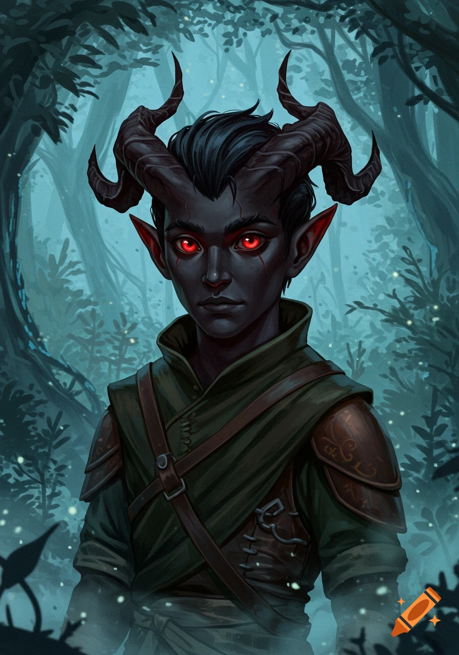A dark-skinned tiefling with red eyes and large horns looks forward in a mystical forest setting.