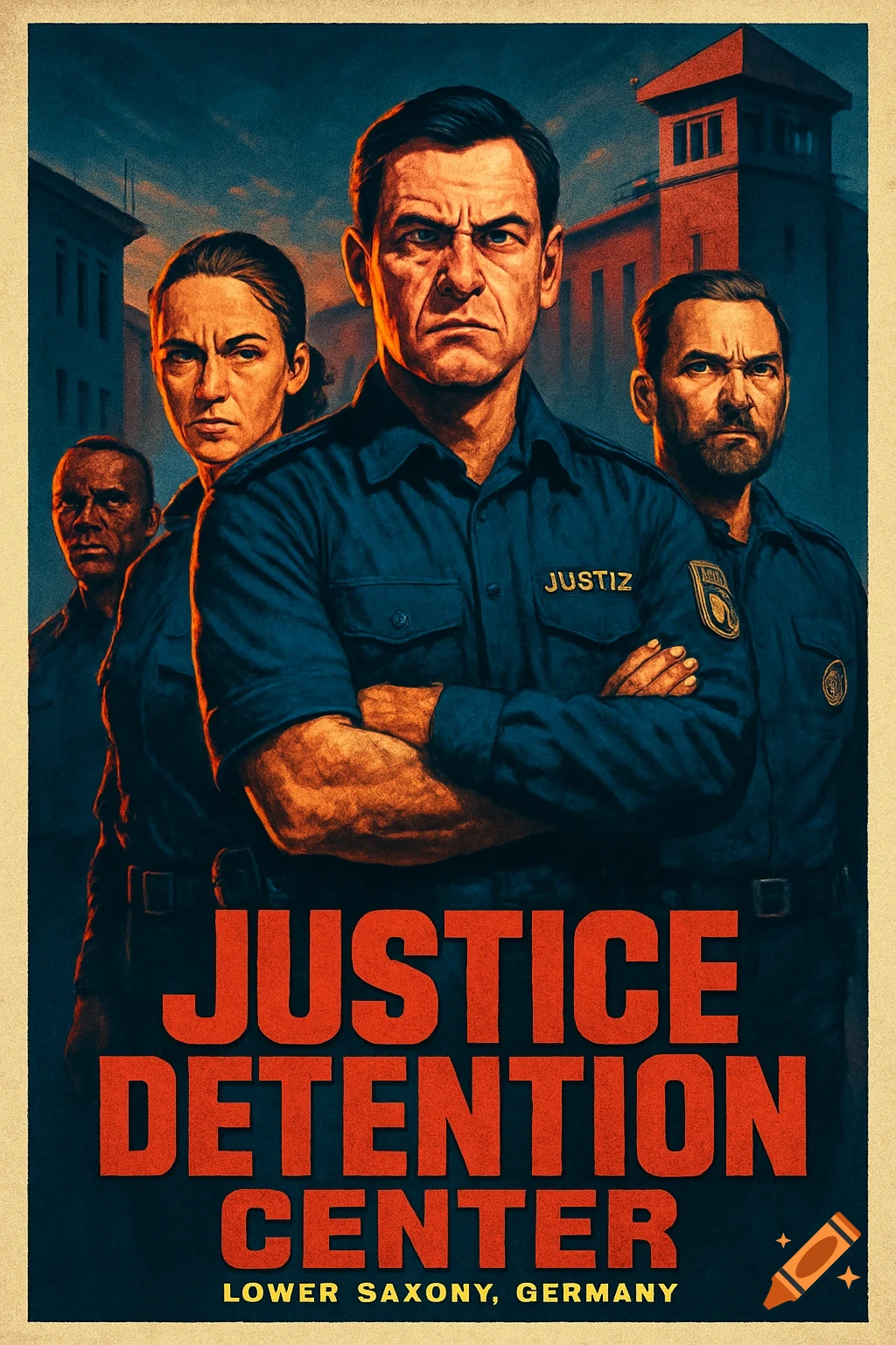 Action movie poster for 'Justice Detention Center' featuring stern-faced officers, including a man with crossed arms, in front of a facility. Text reads 'Lower Saxony, Germany'.