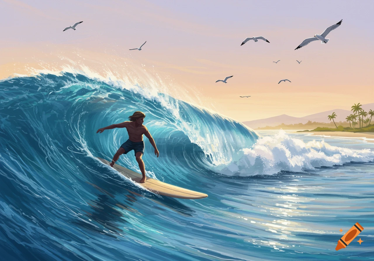 Illustration of a shirtless surfer riding a large blue wave on a longboard under a vibrant sunset sky, with a beach and palm trees in the distance.