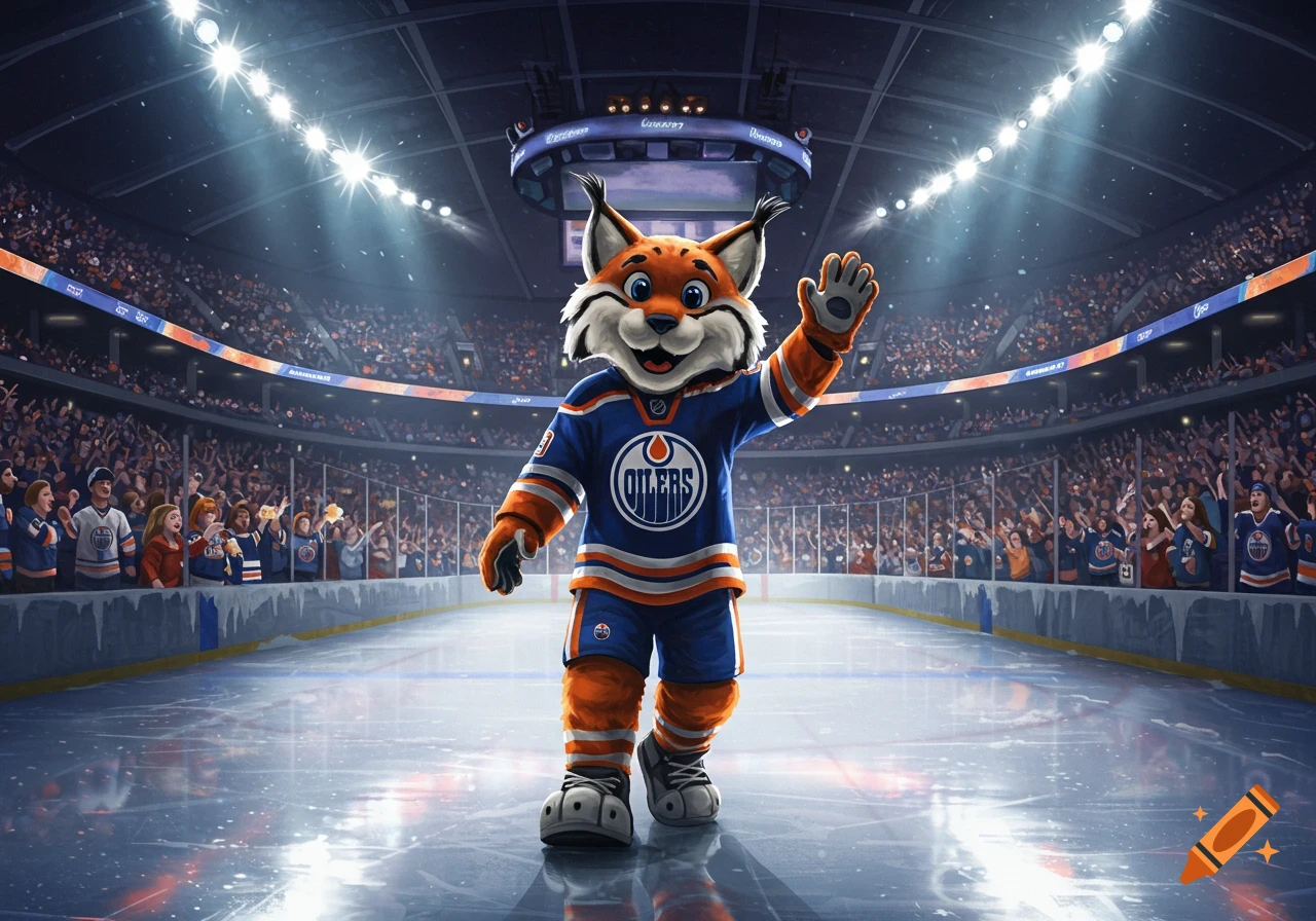 A friendly cartoon fox mascot in an Oilers hockey jersey waves from the ice of a brightly lit, crowded hockey arena.