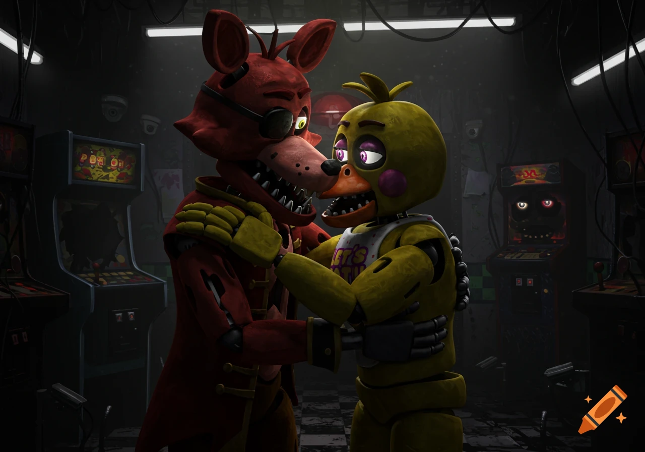 Foxy the pirate fox and Chica the chicken animatronics, from Five Nights at Freddy's, nose-to-nose in a dimly lit arcade, as if kissing.