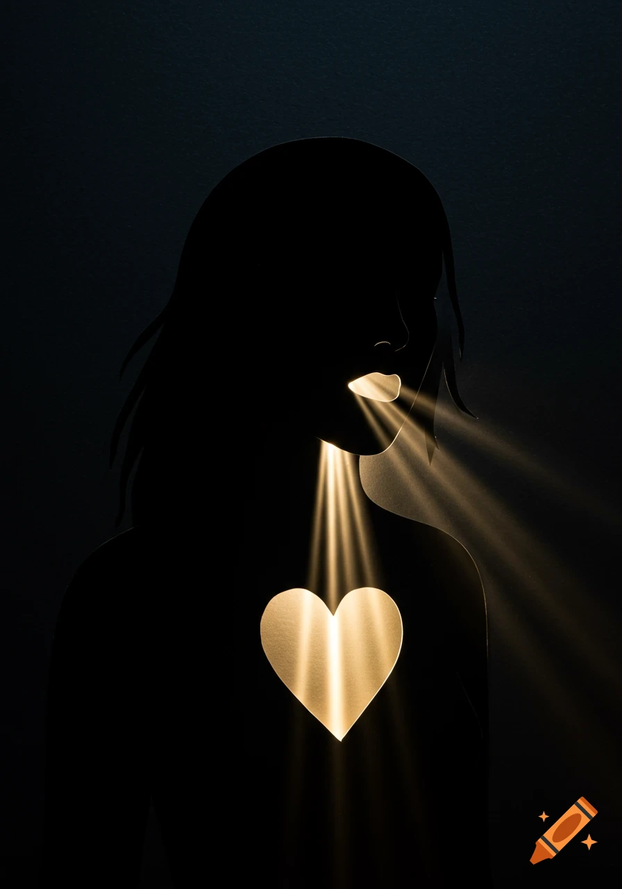 A dark silhouette of a woman with light shining from a heart cutout in her chest and from her open mouth.