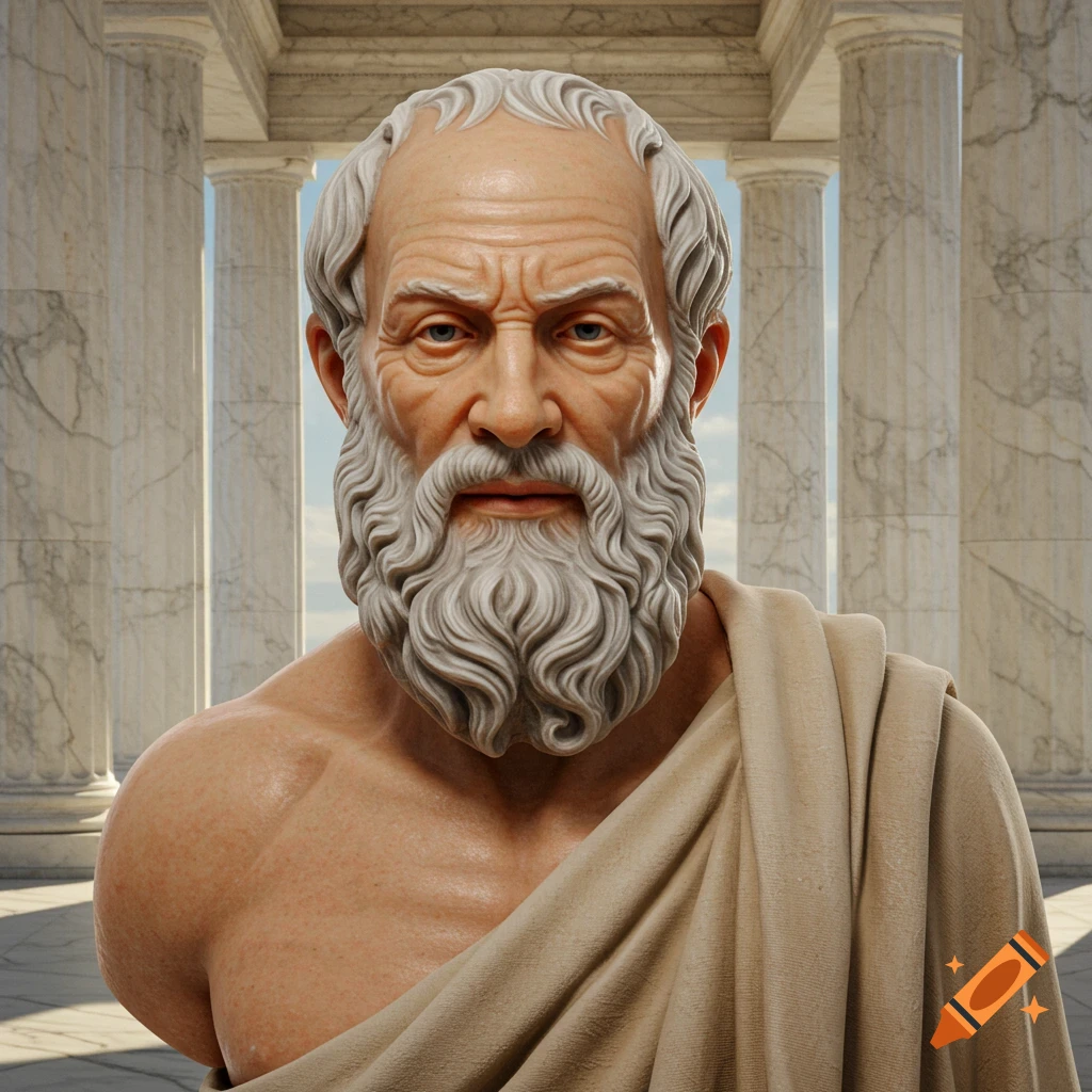 Photorealistic bust of an ancient Greek philosopher with a white beard and robes, set against marble columns.
