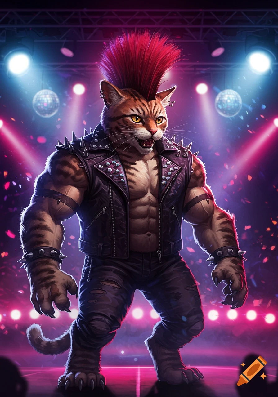 A muscular, anthropomorphic tabby cat with a red spiked mohawk, wearing a studded leather jacket and ripped pants, on a stage with disco balls and pink and blue lights.